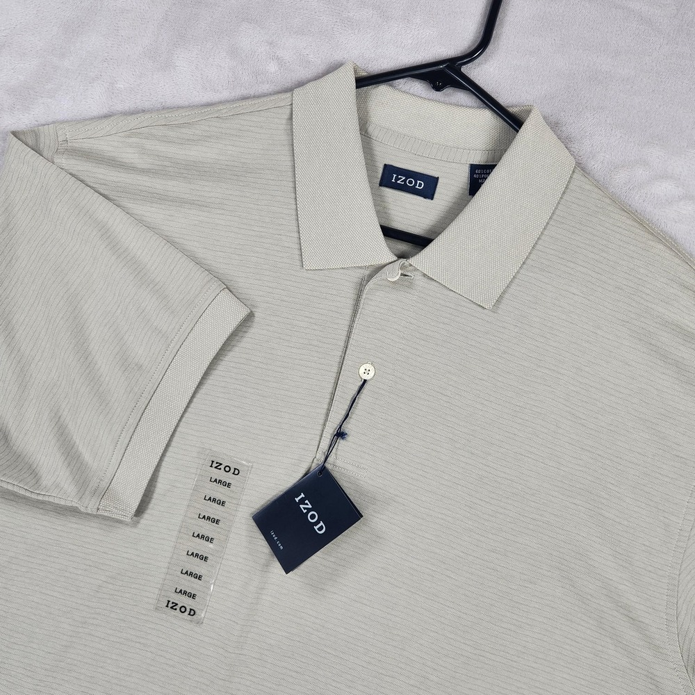 IZOD Polo Shirt Mens Large Beige Stripe Cotton Blend Knit Short Sleeve Casual